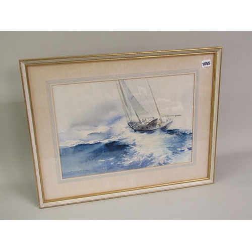 1055 - HARRY SHELDON, SAILING YACHT IN ROUGH WATERS.  WATERCOLOUR, SIGNED.  F/G 32 x 45 cms