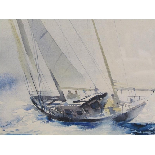 1055 - HARRY SHELDON, SAILING YACHT IN ROUGH WATERS.  WATERCOLOUR, SIGNED.  F/G 32 x 45 cms