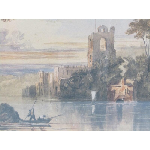 1056 - THREE 19c WATERCOLOURS - ONE OF FIGURES IN A PUNT FISHING CLOSE TO A CASTLE RUINS, ONE BRIDGE OVER A... 