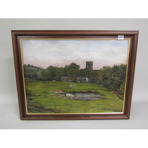 1057 - FRANK GOODE - CATTLE DRINKING AT A POND, CLOSE TO A VILLAGE WITH CHURCH.  OIL ON CANVAS.  FRAMED 45 ... 