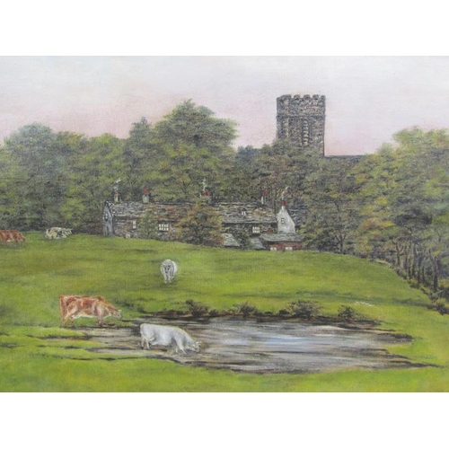 1057 - FRANK GOODE - CATTLE DRINKING AT A POND, CLOSE TO A VILLAGE WITH CHURCH.  OIL ON CANVAS.  FRAMED 45 ... 