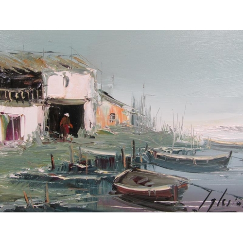 1060 - OIL ON PANEL, COATAL SCENE WITH MOORED BOATS AND FIGURE IN A DOORWAY.  SIGNED INDISTINCTLY.  FRAMED ... 