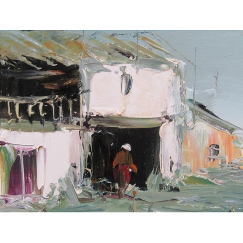 1060 - OIL ON PANEL, COATAL SCENE WITH MOORED BOATS AND FIGURE IN A DOORWAY.  SIGNED INDISTINCTLY.  FRAMED ... 