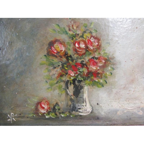 1062 - COLLECTION OF FIVE OIL ON PANEL VASES OF FLOWERS, SIGNED IN MONO.  EACH APPOX 13 x 10 cms