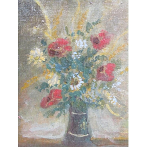 1062 - COLLECTION OF FIVE OIL ON PANEL VASES OF FLOWERS, SIGNED IN MONO.  EACH APPOX 13 x 10 cms