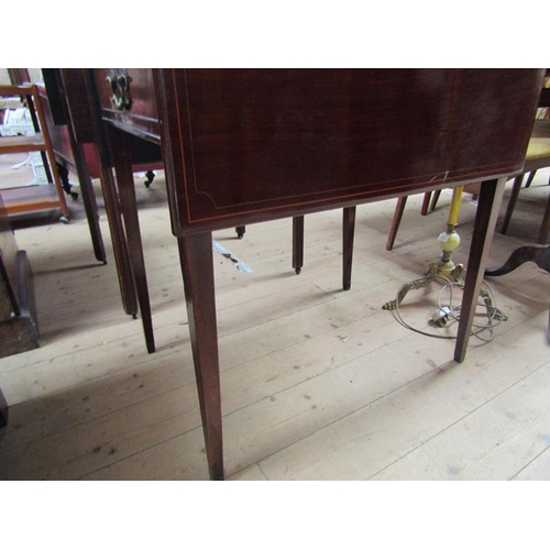 1692 - LATE GEORGIAN MAHOGANY INLAID TWIN FLAP PEMBROKE TABLE WITH FITTED ONE END DRAWER 73cms W