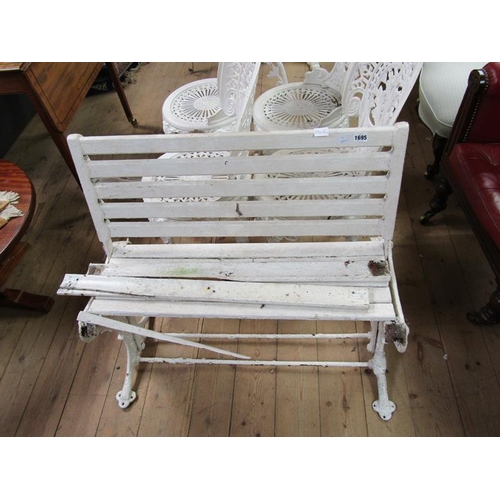 1695 - SMALL WHITE PAINTED IRON FRAMED SLATTED GARDEN SEAT 80 x 76cms