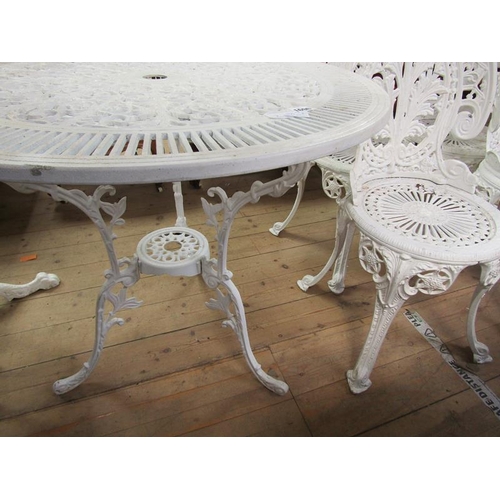 1696 - WHTIE PAINTED METAL GARDEN TABLE (80 x 70cms H) TOGETHER WITH FOUR CHAIRS