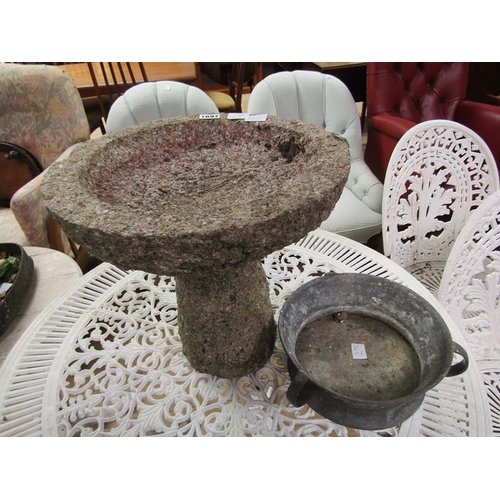 1697 - STONE BIRD BATH (35 x 35cms) AND A SPELTER THREE HANDLED DISH