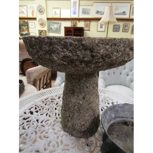 1697 - STONE BIRD BATH (35 x 35cms) AND A SPELTER THREE HANDLED DISH