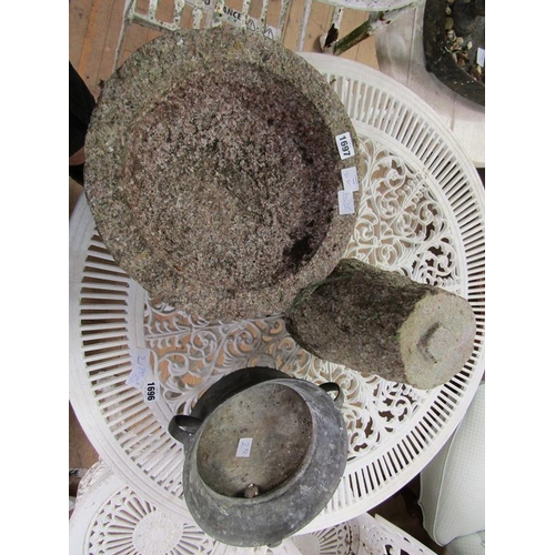 1697 - STONE BIRD BATH (35 x 35cms) AND A SPELTER THREE HANDLED DISH