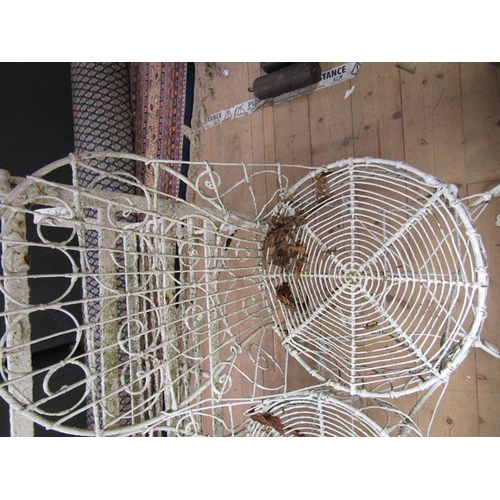 1699 - WHITE PAINTED METAL WIRE FRAMED SINGLE CHAIRS TOGETHER WITH ONE JARDINERE STAND