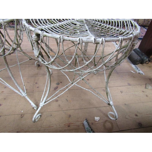 1699 - WHITE PAINTED METAL WIRE FRAMED SINGLE CHAIRS TOGETHER WITH ONE JARDINERE STAND