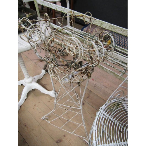 1699 - WHITE PAINTED METAL WIRE FRAMED SINGLE CHAIRS TOGETHER WITH ONE JARDINERE STAND