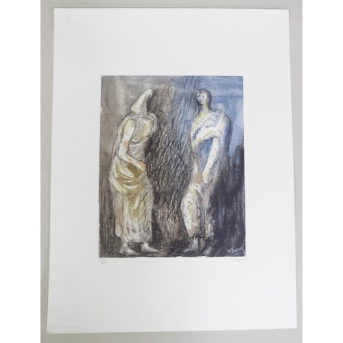 1066 - HENRY MOORE - COLOURED LITHOGRAPH MAN AND WOMAN, UNFRAMED AND SIGNED IN PENCIL LC.  THE PRINTED PANE... 