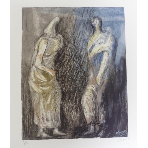 1066 - HENRY MOORE - COLOURED LITHOGRAPH MAN AND WOMAN, UNFRAMED AND SIGNED IN PENCIL LC.  THE PRINTED PANE... 