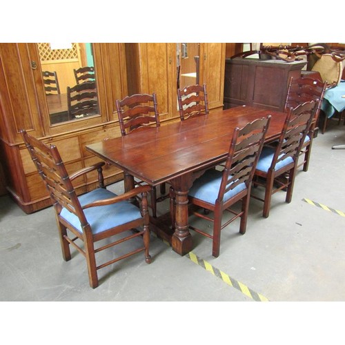 1707 - PLANK TOP REFECTORY TABLE AND SIX LADDERBACK CHAIRS