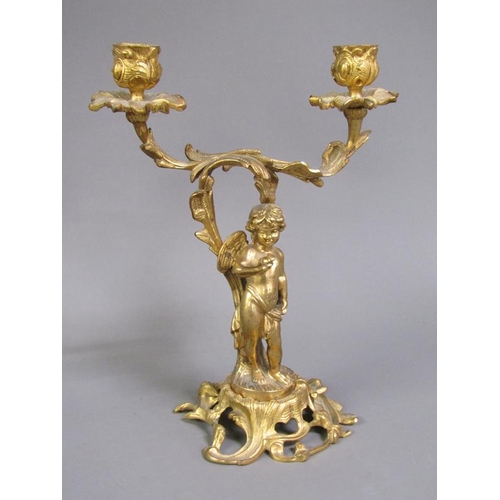 28 - A pair of late 19c rococo ormolu figurative two branch candelabra with cherub columns, 28cm h.