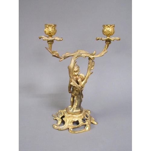 28 - A pair of late 19c rococo ormolu figurative two branch candelabra with cherub columns, 28cm h.