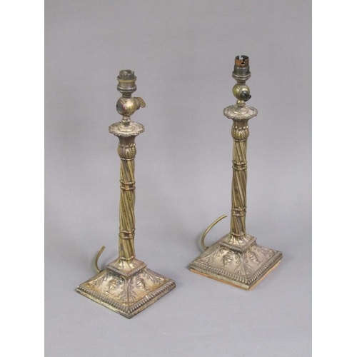 30 - A pair of late 19c Sheffield plate electroliers formally gas lamps with twist carved columns, leaf f... 