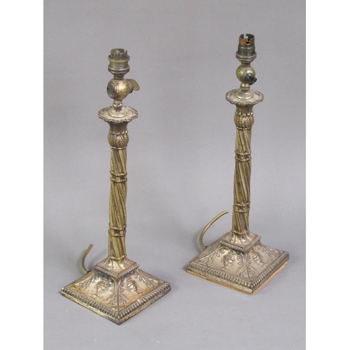 30 - A pair of late 19c Sheffield plate electroliers formally gas lamps with twist carved columns, leaf f... 