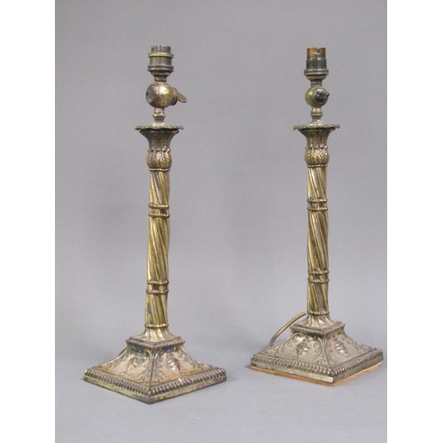 30 - A pair of late 19c Sheffield plate electroliers formally gas lamps with twist carved columns, leaf f... 