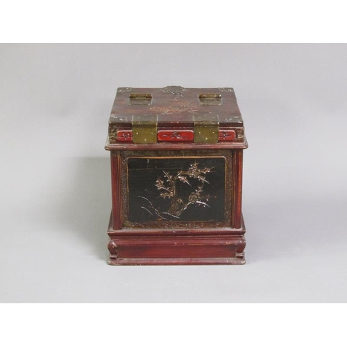 37 - A late 19c/early 20c Oriental red and black lacquered ladies combination jewellery/make up box, the ... 