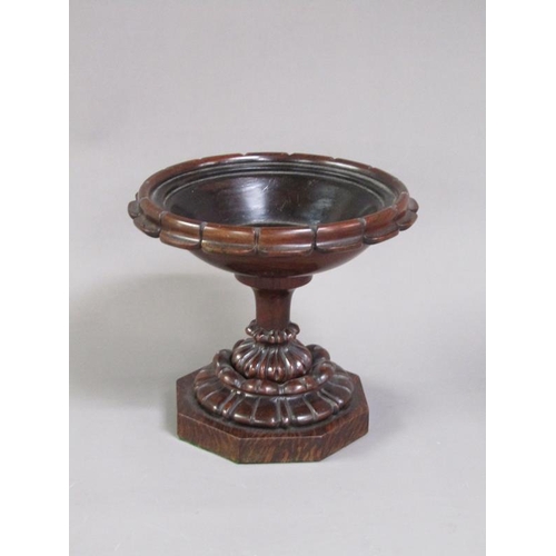 38 - A 19c walnut comport, the bowl of circular form carved and supported on a lobed carved column with s... 