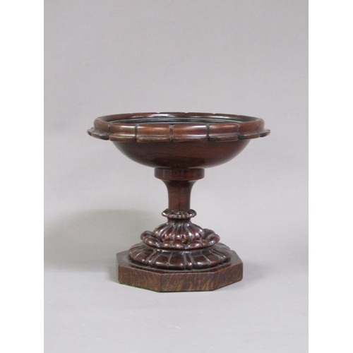 38 - A 19c walnut comport, the bowl of circular form carved and supported on a lobed carved column with s... 