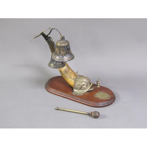 44 - A Victorian dinner gong in the form of a horn bodied dolphin with brass head, fin and tail, supporti... 