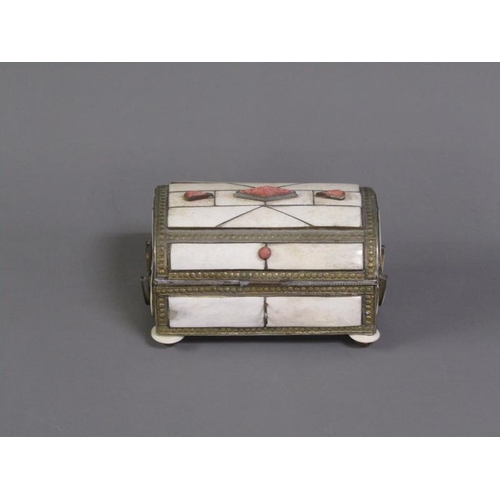 53 - An Indian brass bone panelled casket shaped two handled jewel box supported on bone and brass feet, ... 