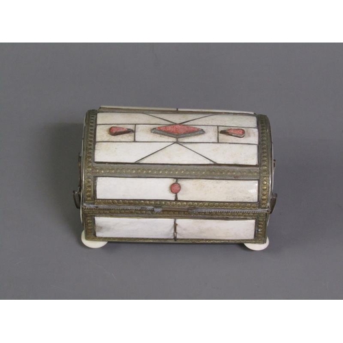 53 - An Indian brass bone panelled casket shaped two handled jewel box supported on bone and brass feet, ... 