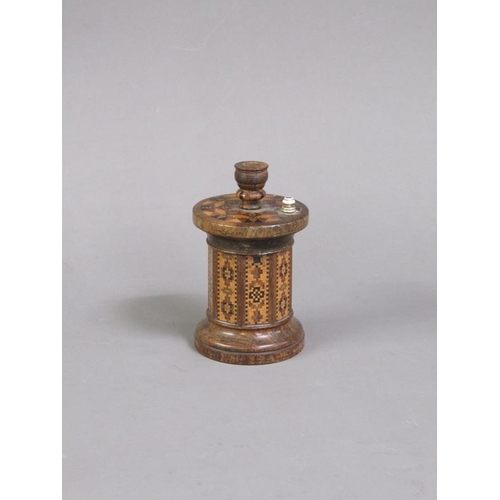 55 - A late 19c Tunbridge ware vesta box with taper stick holder, the box of octagonal cylindrical form, ... 