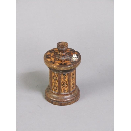 55 - A late 19c Tunbridge ware vesta box with taper stick holder, the box of octagonal cylindrical form, ... 