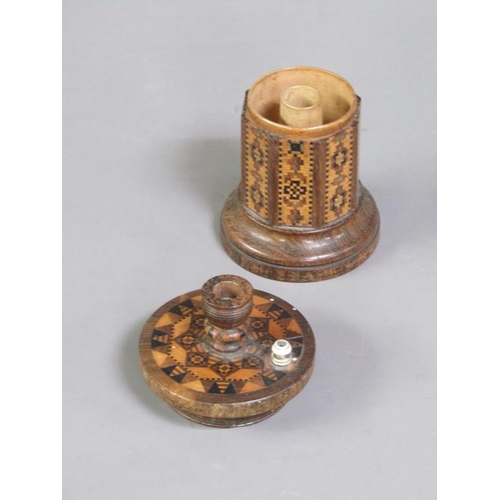 55 - A late 19c Tunbridge ware vesta box with taper stick holder, the box of octagonal cylindrical form, ... 