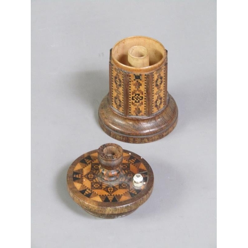 55 - A late 19c Tunbridge ware vesta box with taper stick holder, the box of octagonal cylindrical form, ... 