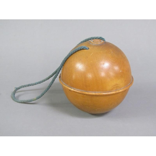 56 - A late 19c Mauchline ware string ball decorated with a transfer of Bournemouth Pier and having a car... 