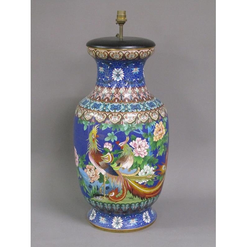 34 - A pair of large electroliers, the columns formed by cloisonné baluster vases decorated with fruit, f... 