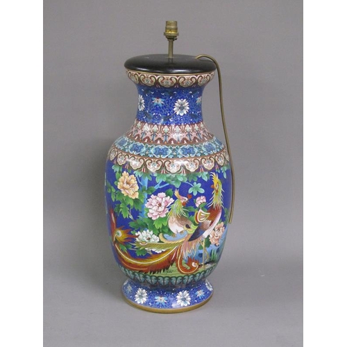 34 - A pair of large electroliers, the columns formed by cloisonné baluster vases decorated with fruit, f... 