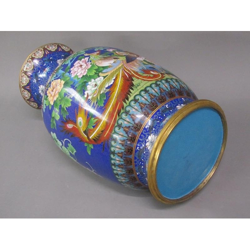 34 - A pair of large electroliers, the columns formed by cloisonné baluster vases decorated with fruit, f... 