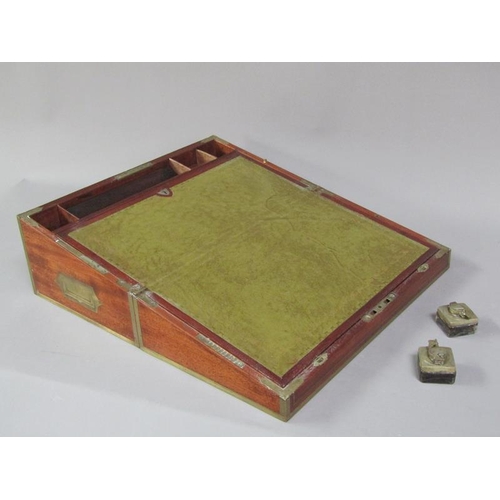 40 - An early 19c mahogany writing box, brass rail inlaid with brass edges and cut motif to the cover, gr... 