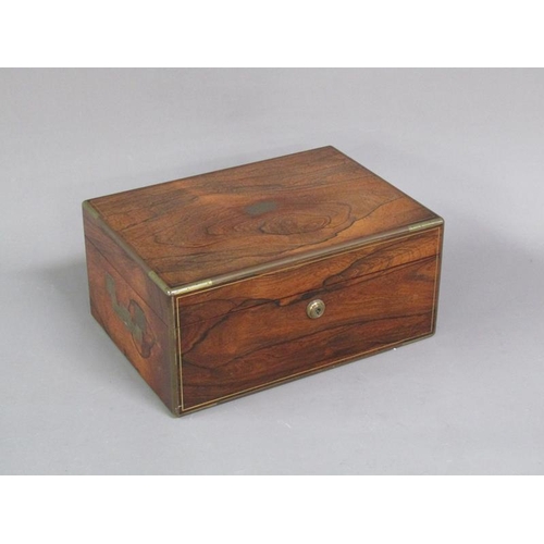 41 - A George IV figured walnut travelling box with brass rail inlay and edging, the box with original ve... 