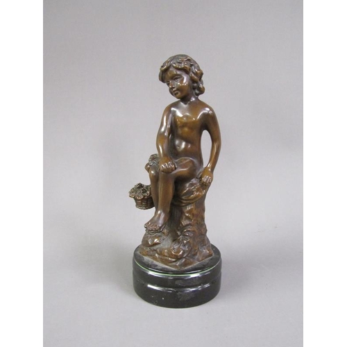 71 - A late 19c/early 20c patinated bronze figure of a young child seated upon a tree stump with a basket... 