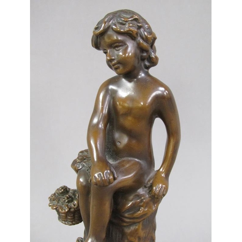 71 - A late 19c/early 20c patinated bronze figure of a young child seated upon a tree stump with a basket... 