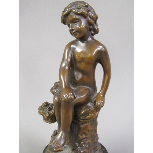 71 - A late 19c/early 20c patinated bronze figure of a young child seated upon a tree stump with a basket... 