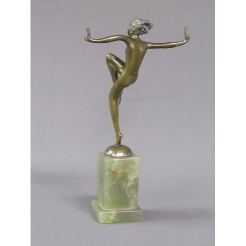 72 - A Joseph Lorenzl Art Deco gilt metal dancing figure of a lady on a onyx plinth, the figure 16cm h, 2... 