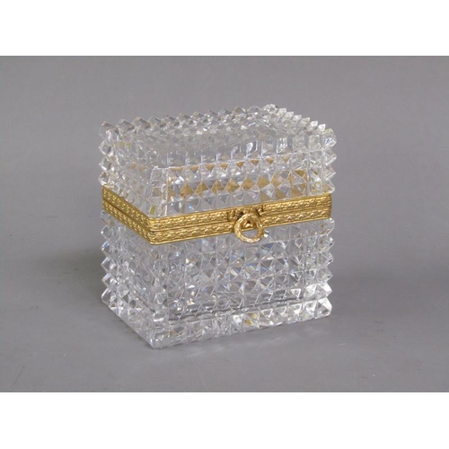 78 - A late 19c/early 20c French clear glass casket, diamond cut throughout with star cut base, the hinge... 