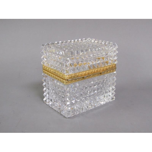 78 - A late 19c/early 20c French clear glass casket, diamond cut throughout with star cut base, the hinge... 