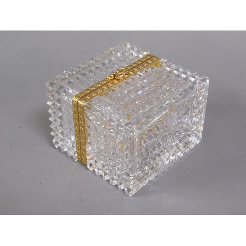 78 - A late 19c/early 20c French clear glass casket, diamond cut throughout with star cut base, the hinge... 