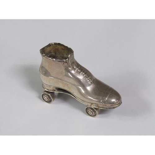 154 - An Edwardian silver roller boot pin cushion (pin cushion missing), Birmingham 1909, 7cm h.